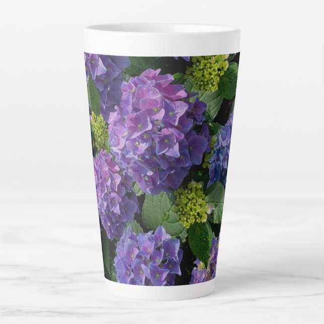 Elegant blue purple magenta green floral hydrangea latte mug (Front)