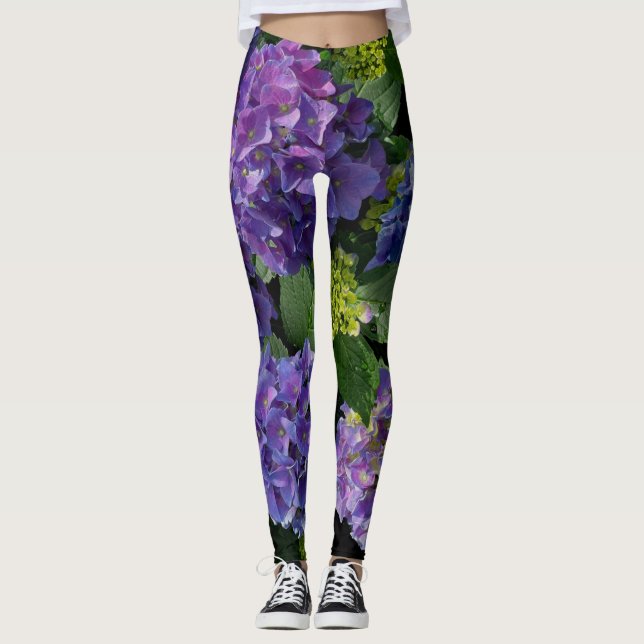 Elegant blue purple magenta green floral hydrangea leggings (Front)