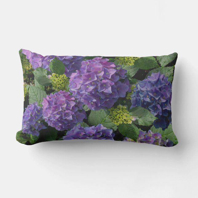 Elegant blue purple magenta green floral hydrangea lumbar cushion (Front)