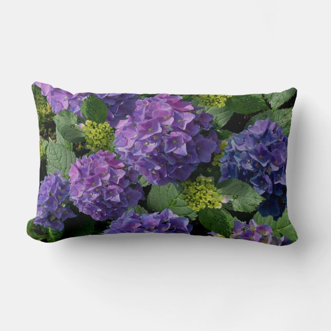 Elegant blue purple magenta green floral hydrangea lumbar cushion (Front)