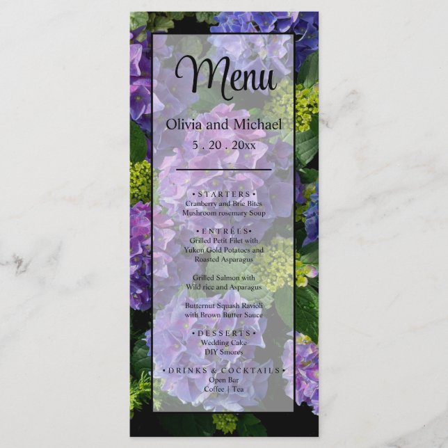 Elegant blue purple magenta green floral hydrangea menu (Front)