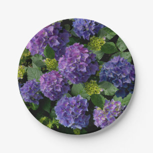Elegant blue purple magenta green floral hydrangea paper plate