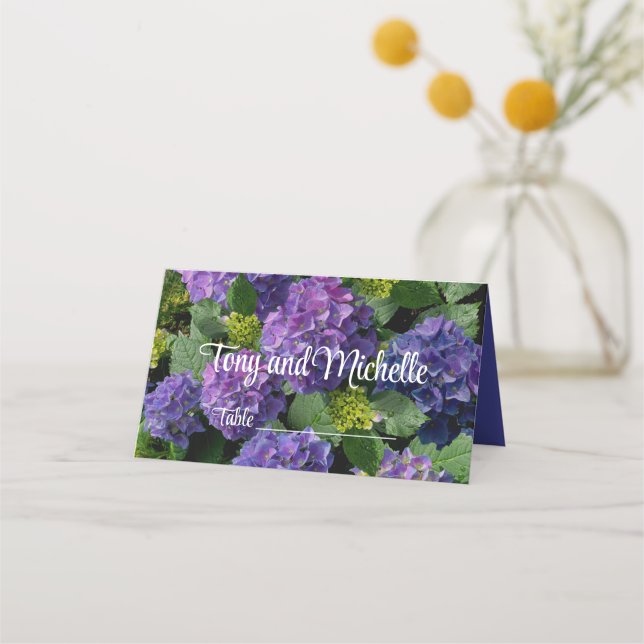 Elegant blue purple magenta green floral hydrangea place card (Front)