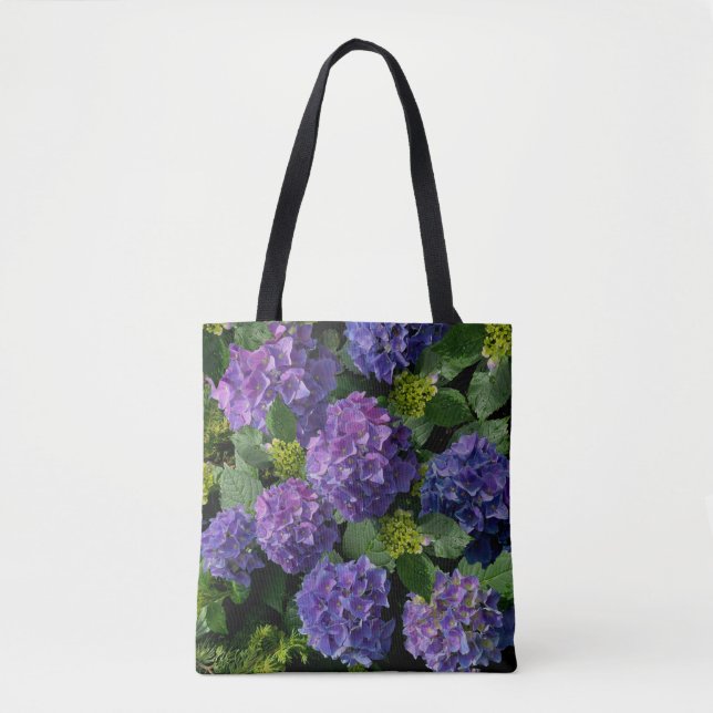 Elegant blue purple magenta green floral hydrangea tote bag (Front)