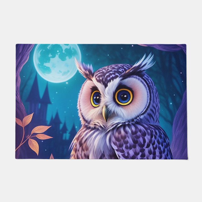 Elegant Blue Purple Magical Owl Comic AI Art  Doormat (Front)