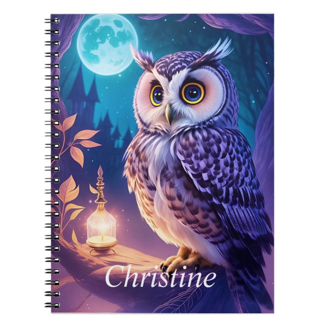 Elegant Blue Purple Magical Owl Comic AI Art  Notebook (Front)