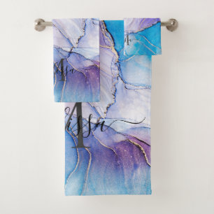 Elegant Blue & Purple Marbled Alcohol Ink Bath Towel Set