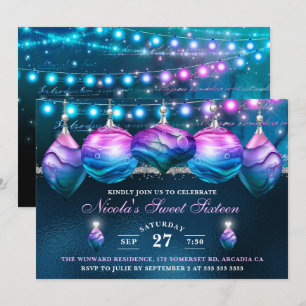 Elegant Blue & Purple Mermaid Baubles Sweet 16 Invitation