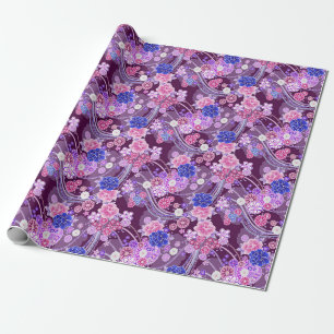 Elegant Blue Purple Oriental Floral Pattern Wrapping Paper