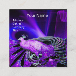 ELEGANT BLUE PURPLE PEACOCK BLACK MONOGRAM SQUARE BUSINESS CARD