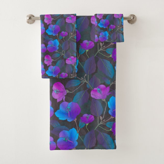 Elegant Blue Purple Pink Flowers Bath Towel Set (Insitu)