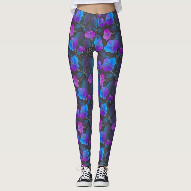 Elegant Blue Purple Pink Flowers Leggings (Front)
