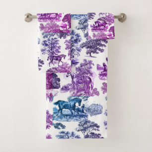 Elegant Blue Purple Rustic Horses Toile  Bath Towel Set