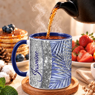 Elegant blue purple silver glitter leaves monogram mug
