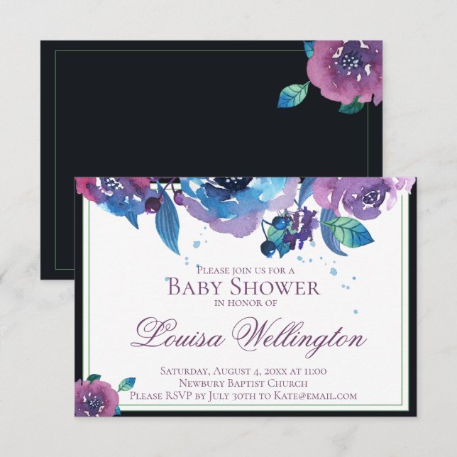 Elegant Blue Purple Twilight Floral Baby Shower Invitation (Front/Back)
