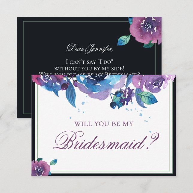 Elegant Blue Purple Twilight Floral Bridesmaid Invitation (Front/Back)