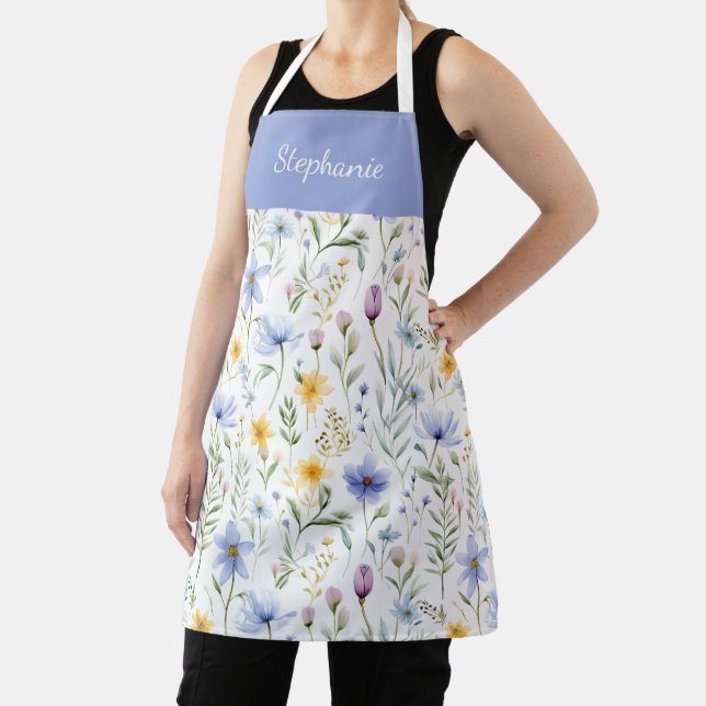 Elegant Blue Purple Watercolor Wildflower  Apron (Insitu)