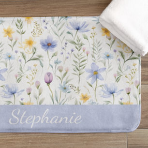 Elegant Blue Purple Watercolor Wildflower  Bath Mat