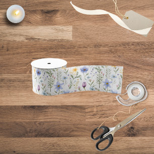 Elegant Blue Purple Watercolor Wildflower  Grosgrain Ribbon