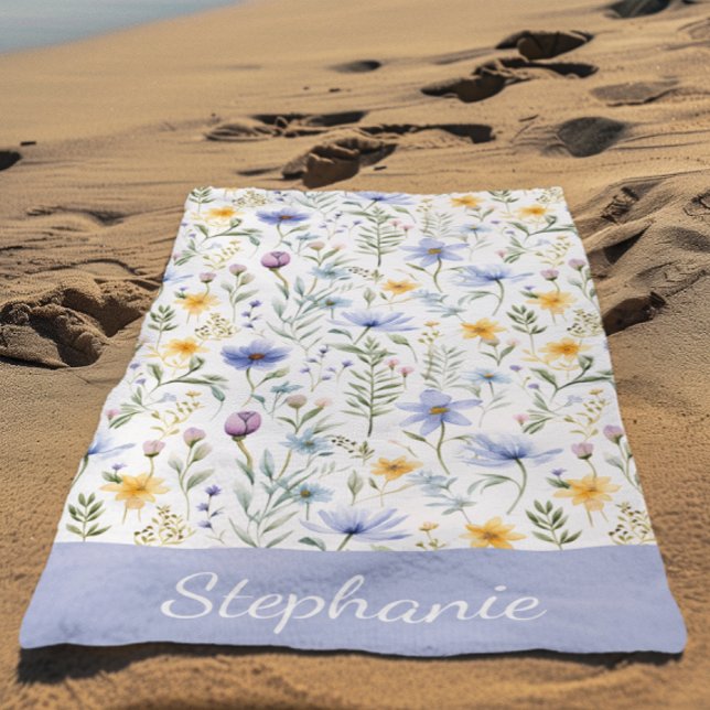 Elegant Blue Purple Watercolor Wildflower Name Beach Towel (Creator Uploaded)