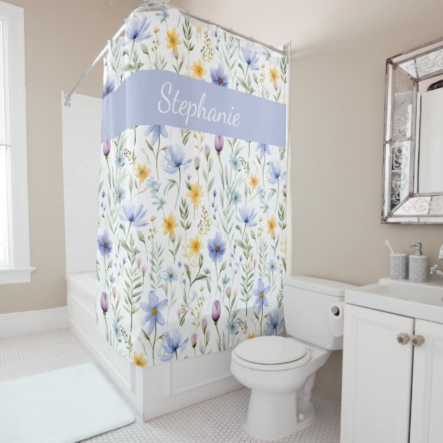 Elegant Blue Purple Watercolor Wildflower  Shower Curtain (In Situ)