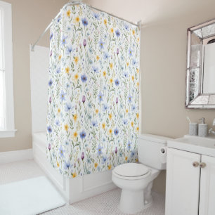 Elegant Blue Purple Watercolor Wildflower  Shower Curtain