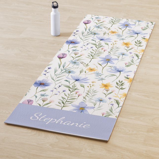 Elegant Blue Purple Watercolor Wildflower  Yoga Mat (In Situ)