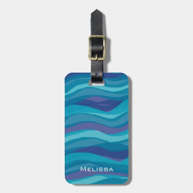 Elegant Blue Purple Wavy Stripes Personalised Luggage Tag (Front Vertical)