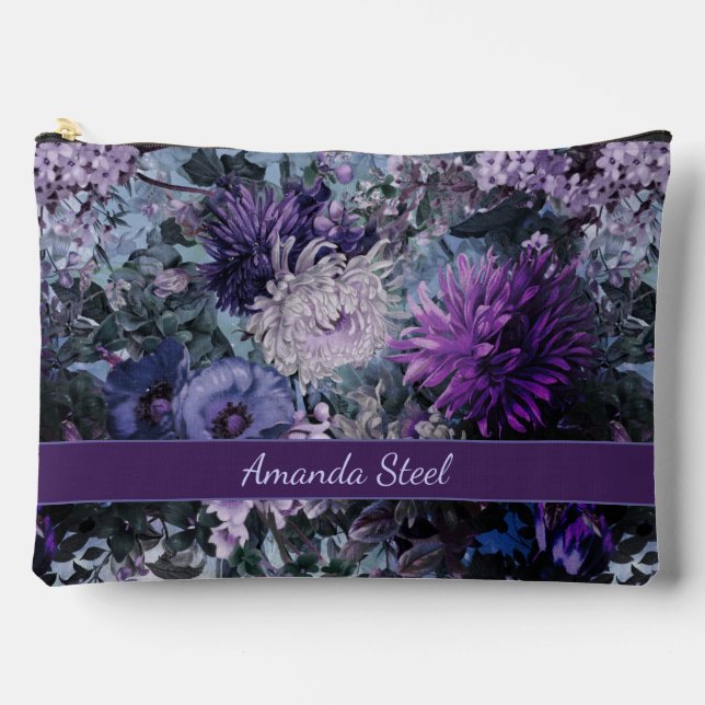 Elegant blue purples floral monogrammed accessory pouch (Front)