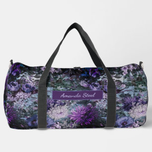 Elegant blue purples floral monogrammed printed duffle bag