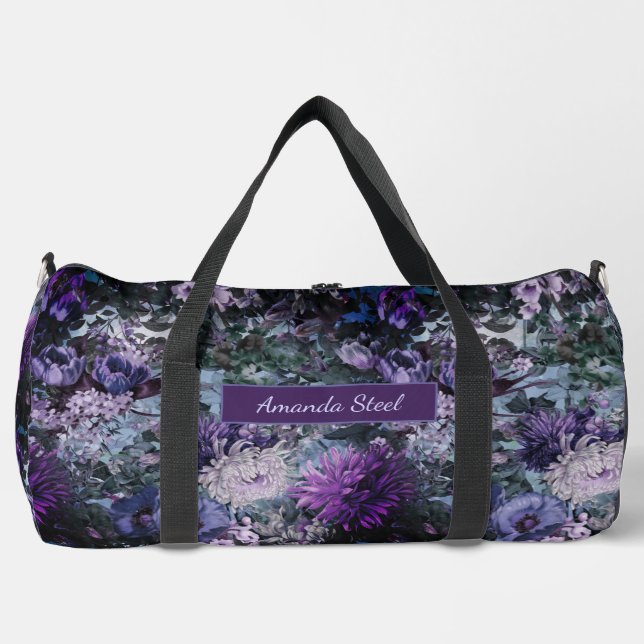 Elegant blue purples floral monogrammed printed duffle bag (Front)
