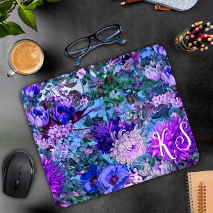 Elegant blue purples floral pattern monogram mouse mat