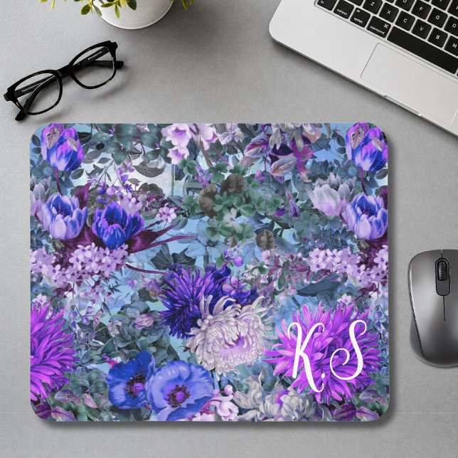 Elegant blue purples floral pattern monogram mouse mat (Creator Uploaded)