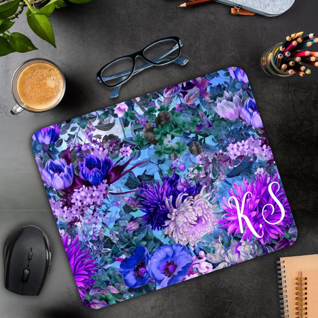 Elegant blue purples floral pattern monogram mouse mat (Creator Uploaded)