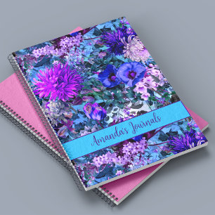 Elegant blue purples floral pattern monogram notebook