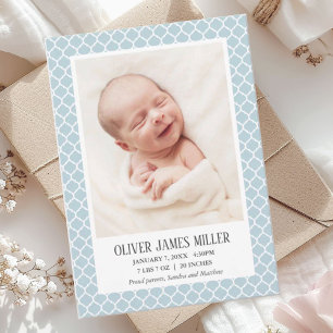 Elegant Blue Quatrefoil Photo Birth Announcement