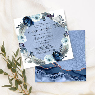 Elegant Blue Quinceañera, Floral, Blue Foil,Agate Invitation