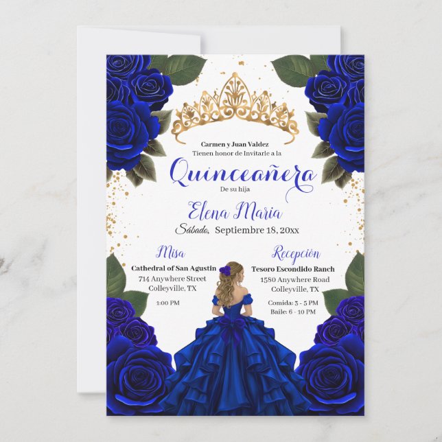Elegant Blue Quinceañera Roses Gold Glitter Invitation (Front)