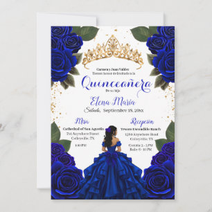 Elegant Blue Quinceañera Roses Gold Glitter Invitation