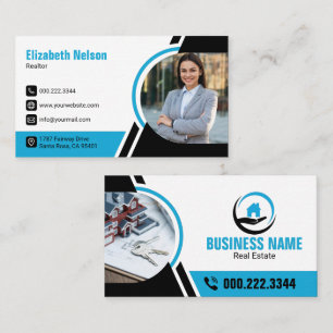 Elegant Blue Realtor House Logo Photo Business Card