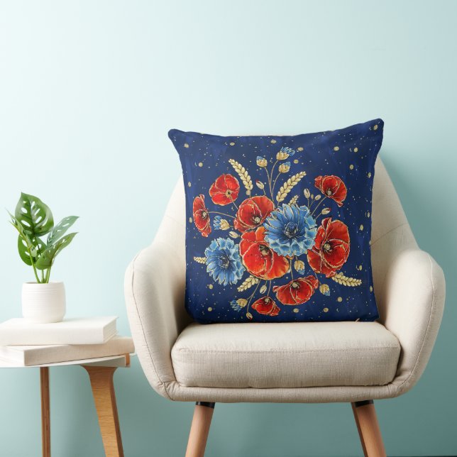 Elegant Blue, Red and Gold Remembrance Poppies Cushion (Chair)