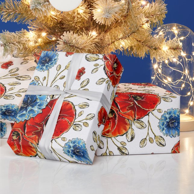 Elegant Blue, Red and Gold Remembrance Poppies Wrapping Paper (Holidays)