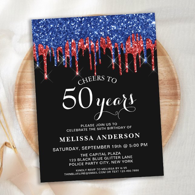 Elegant Blue Red Black Glitter Drip 50th Birthday Invitation Postcard (Creator Uploaded)