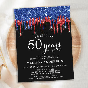 Elegant Blue Red Black Glitter Drip 50th Birthday Postcard