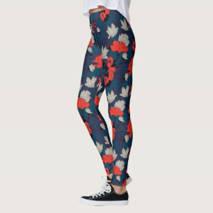 Elegant Blue & Red Floral Pattern Leggings