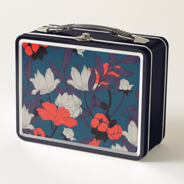 Elegant Blue & Red Floral Pattern Metal Lunch Box (Front)