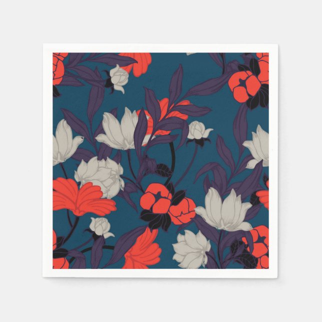 Elegant Blue & Red Floral Pattern Napkin (Front)