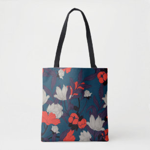 Elegant Blue & Red Floral Pattern Tote Bag