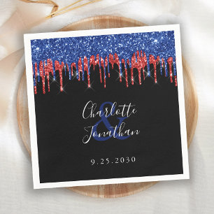 Elegant Blue Red Glitter Drips Patriotic Wedding Napkin