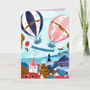 Elegant blue & red Hot Air Balloon Happy Birthday Card